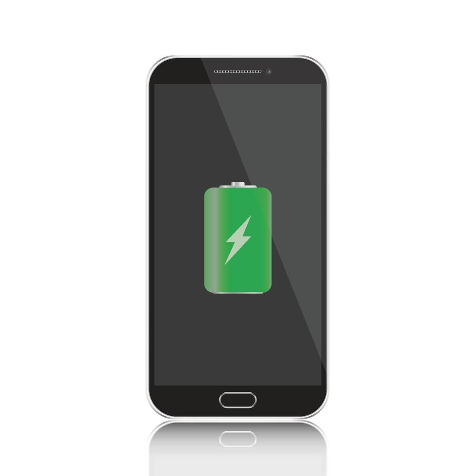 Schwarzes Smartphone mit grünem Symbol für volle Batterie. realistische vektorillustration vektor