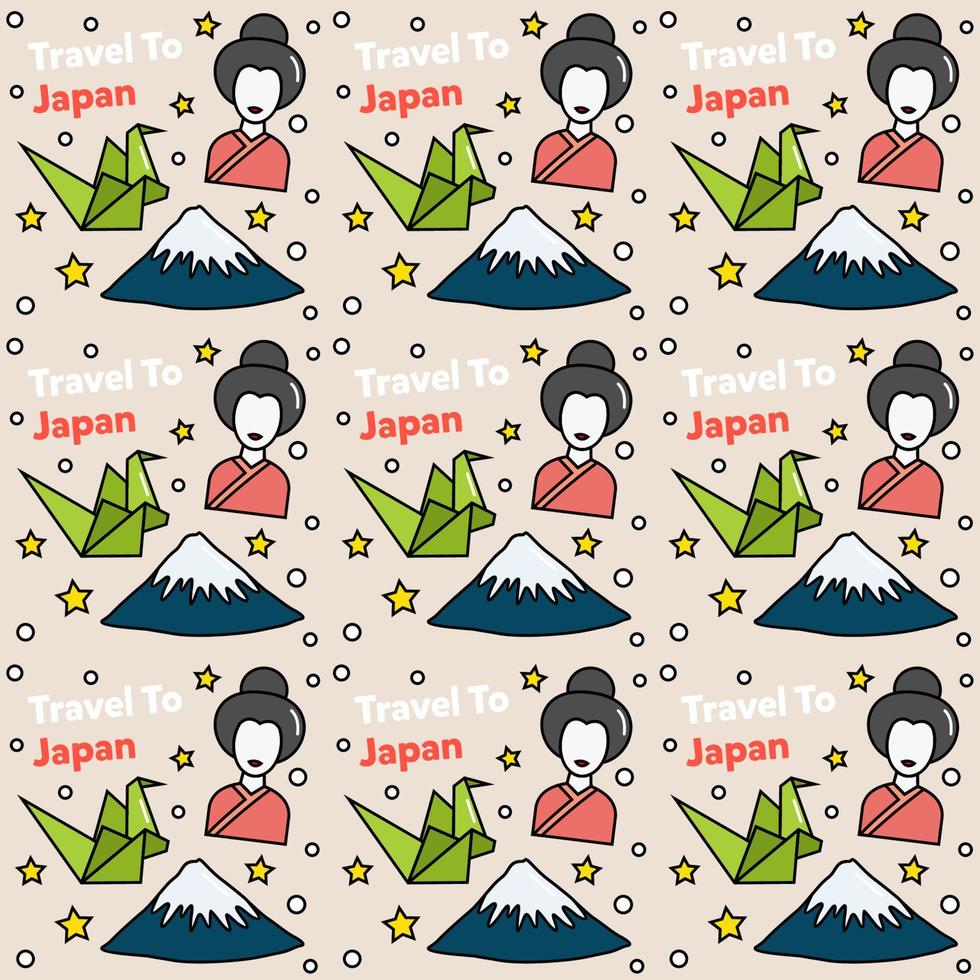 reise nach japan doodle nahtloses muster vektordesign. sushi, fuji, origami sind symbole, die mit japan identisch sind. vektor