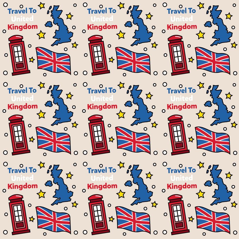 reisen sie nach vereinigtes königreich kritzeln nahtloses mustervektordesign. Bus, Karte und Flagge sind identische Symbole mit Großbritannien vektor