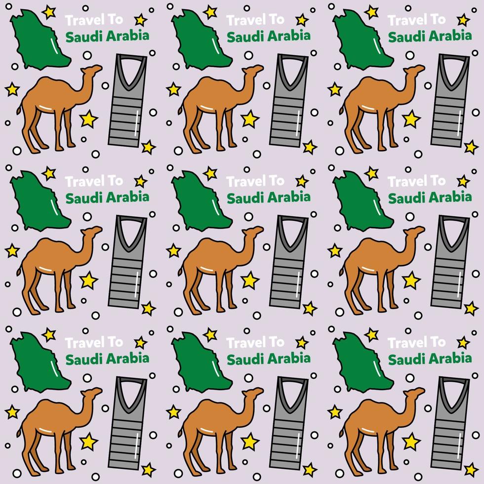 reise nach saudi-arabien kritzeln nahtloses muster-vektordesign. Kamel. Ka'bah, Flagge sind identische Symbole mit Saudi-Arabien vektor