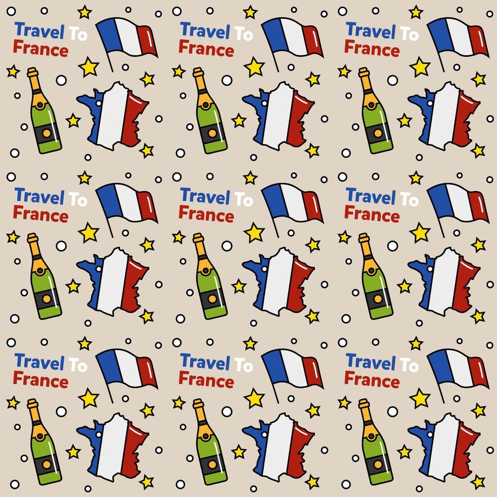 reise nach frankreich doodle nahtloses muster vektordesign. wein, hahn, käse sind identische symbole mit frankreich vektor