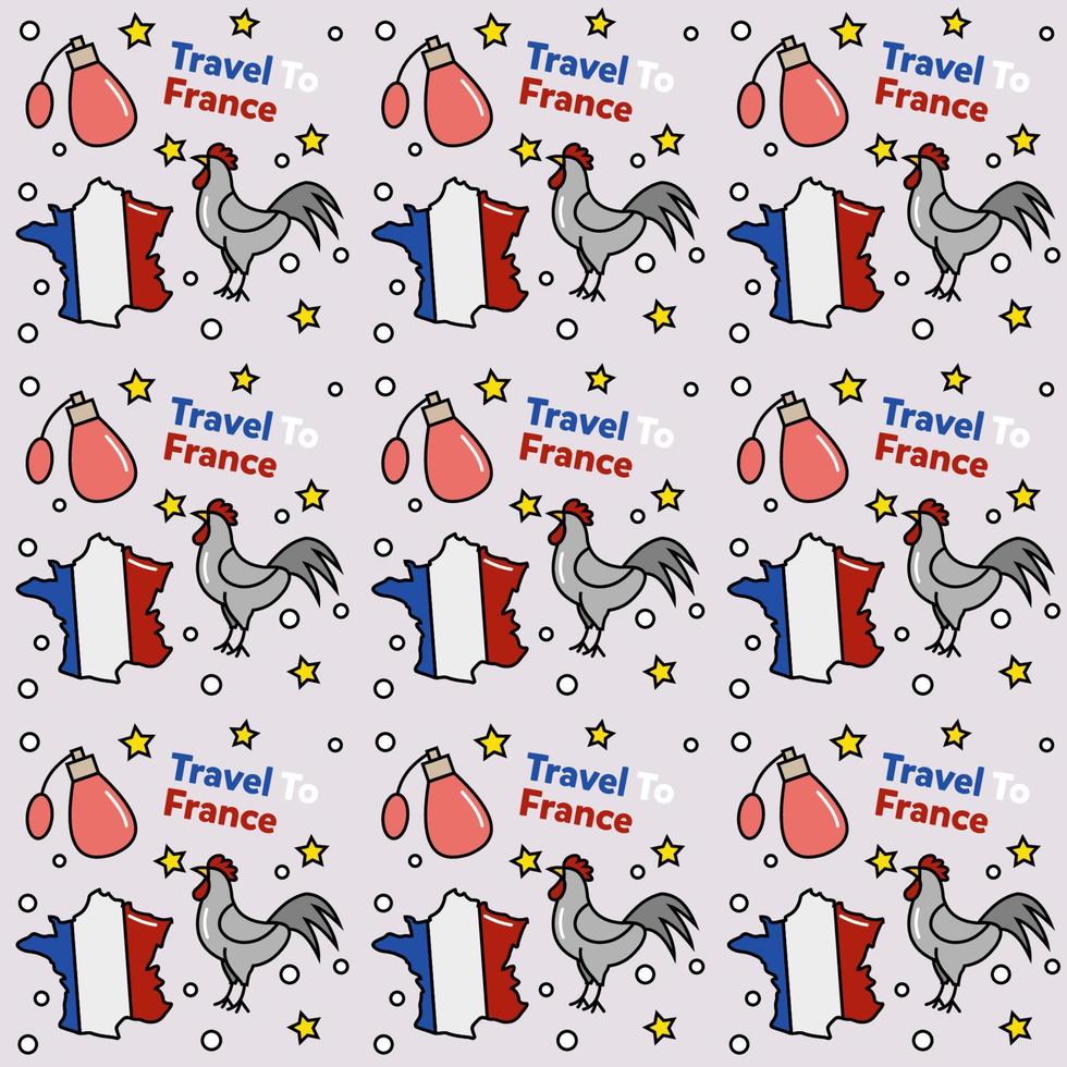 reise nach frankreich doodle nahtloses muster vektordesign. wein, hahn, käse sind identische symbole mit frankreich vektor