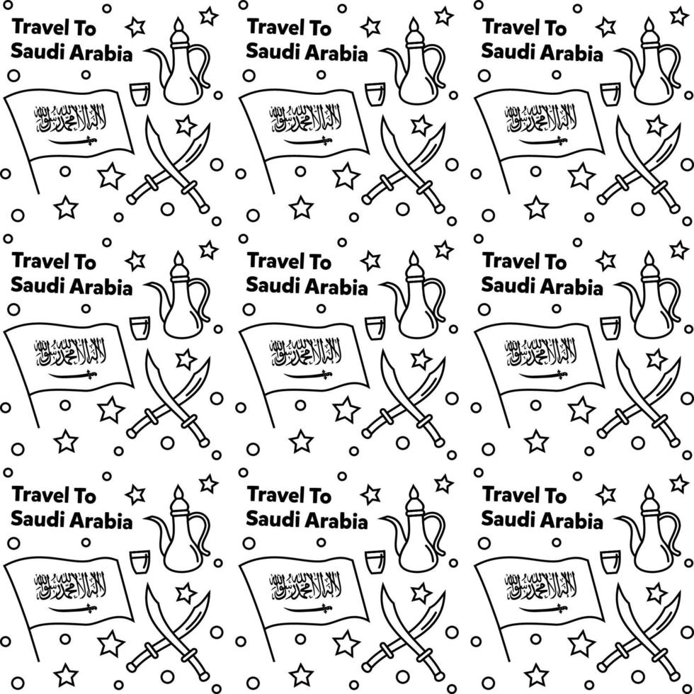 resa till Saudiarabien doodle sömlösa mönster vektordesign. kamel. ka'bah, flaggan är identiska ikoner med Saudiarabien vektor