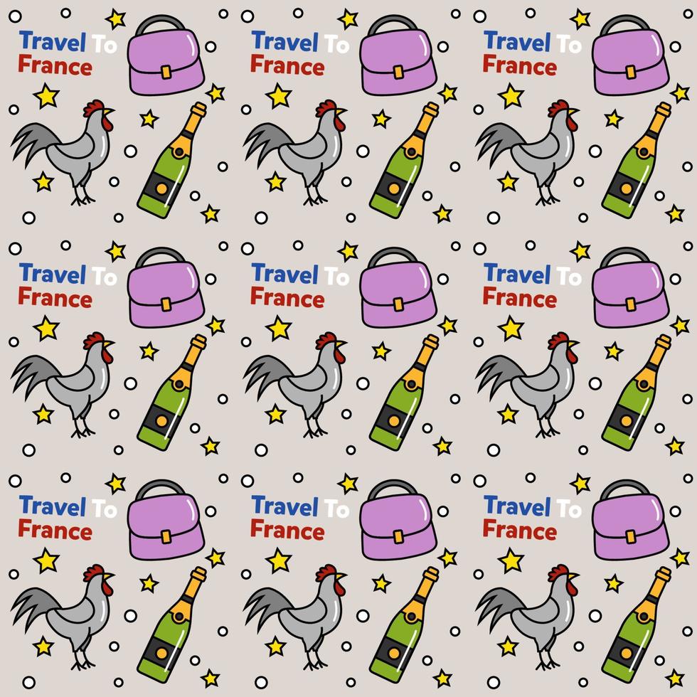 reise nach frankreich doodle nahtloses muster vektordesign. wein, hahn, käse sind identische symbole mit frankreich vektor