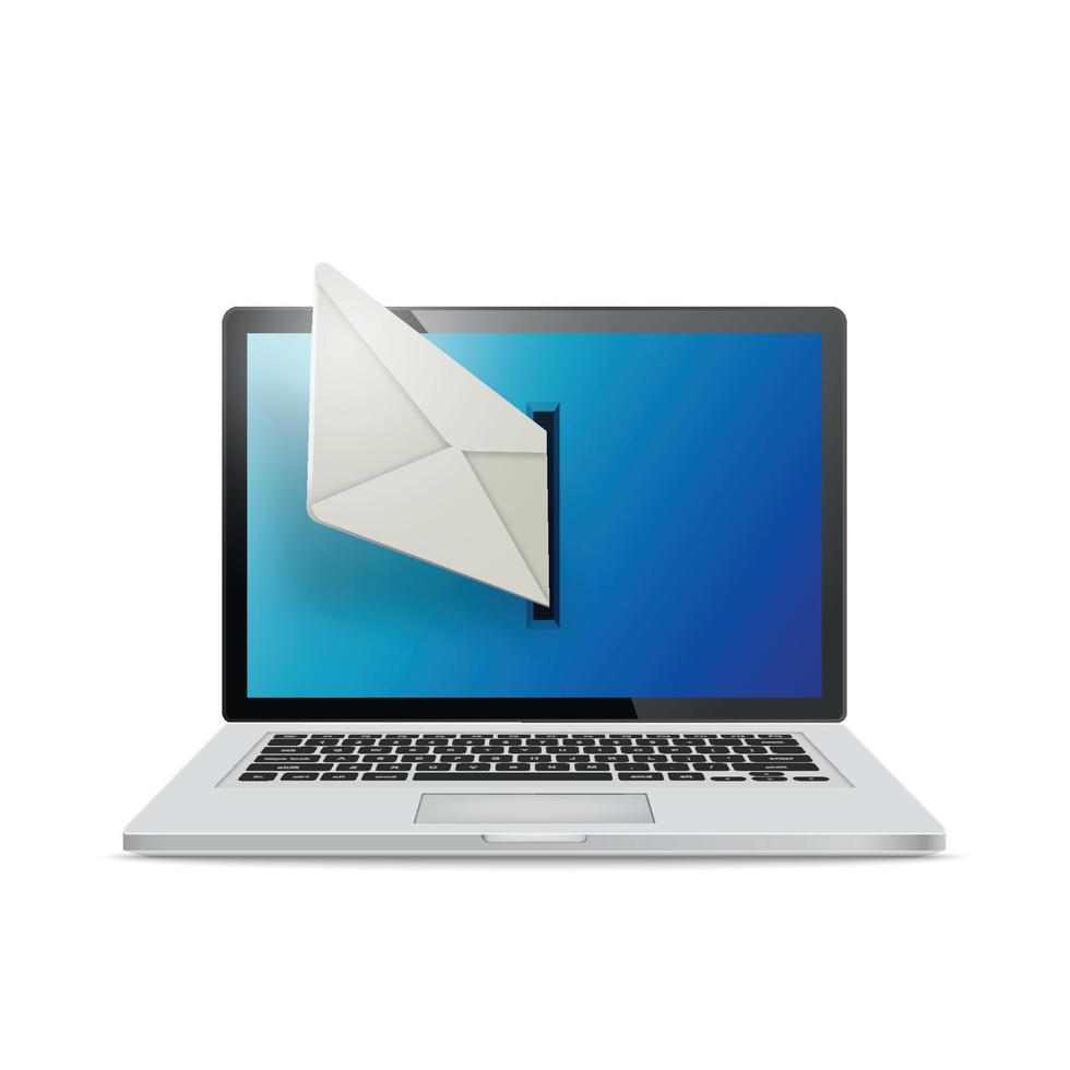 realistischer laptop auf weißem hintergrund. E-Mails fliegen aus dem Laptop-Bildschirm. das Konzept des E-Mail-Versands. vektor