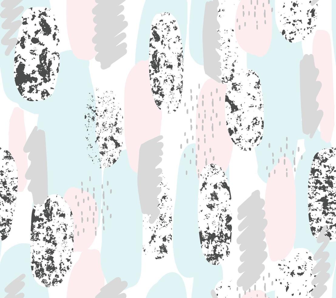 abstrakt vektormönster med handmålade penseldrag och textur. memphis stil geometrisk sömlös bakgrund i pastellfärg. modetrycksdesign i rosa, blått, grått och svart. vektor