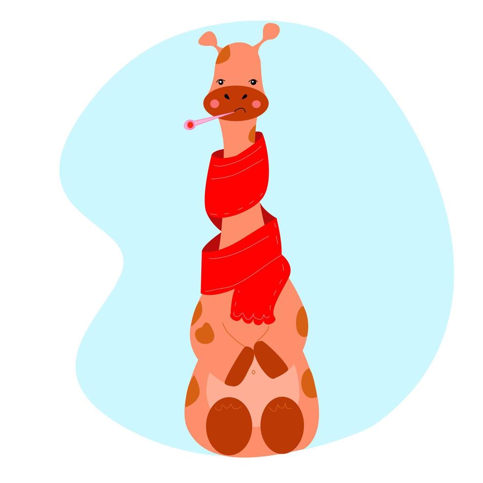 en giraff med en termometer i munnen och insvept i en röd halsduk vektor