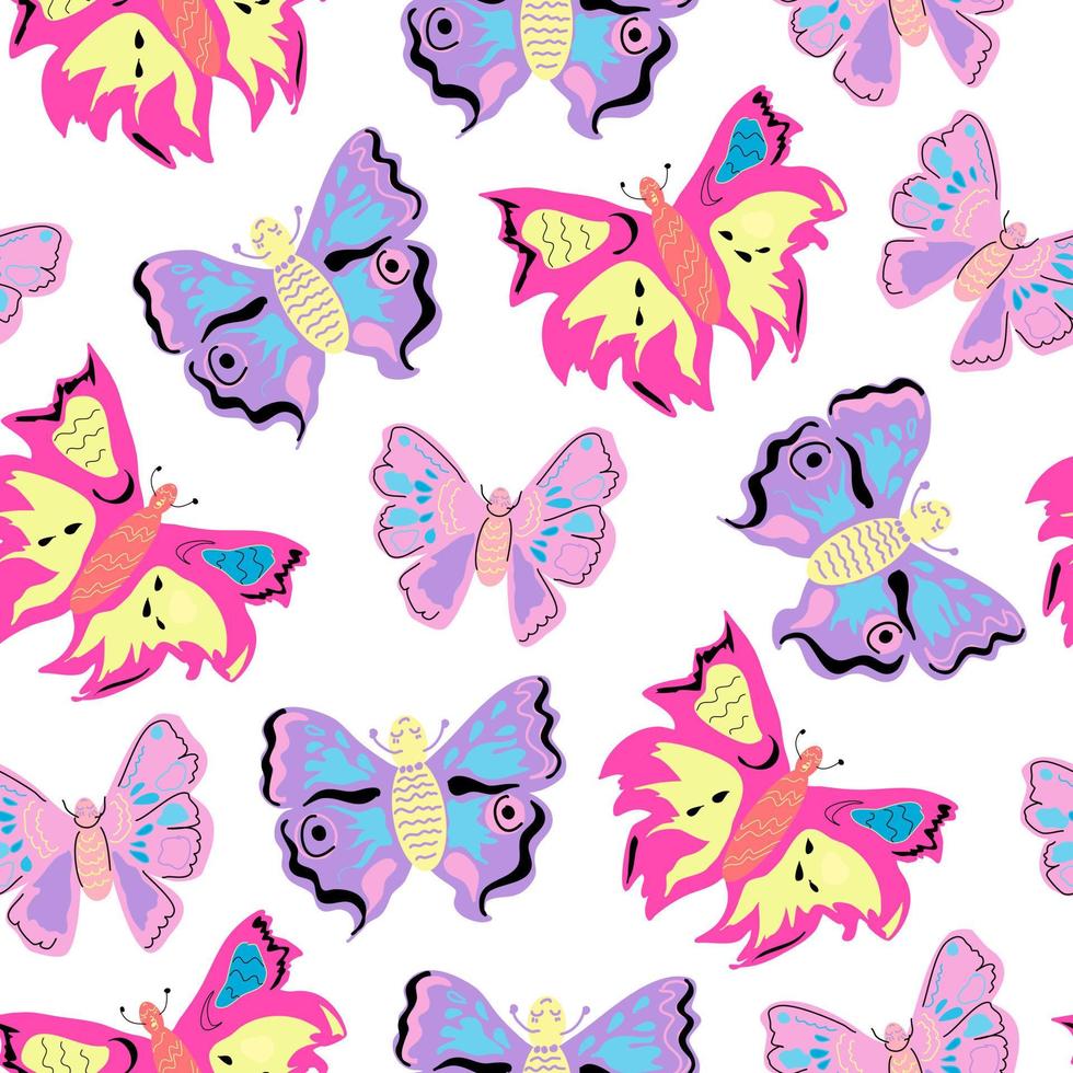 sömlöst mönster med fjärilar i olika nyanser av rosa och lila. vektor