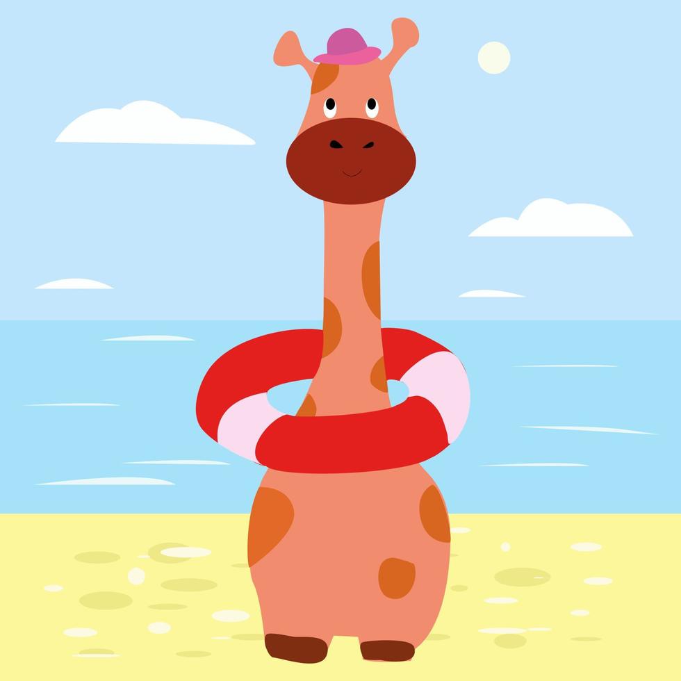 Giraffe in einem aufblasbaren Kreis am Strand. vektor