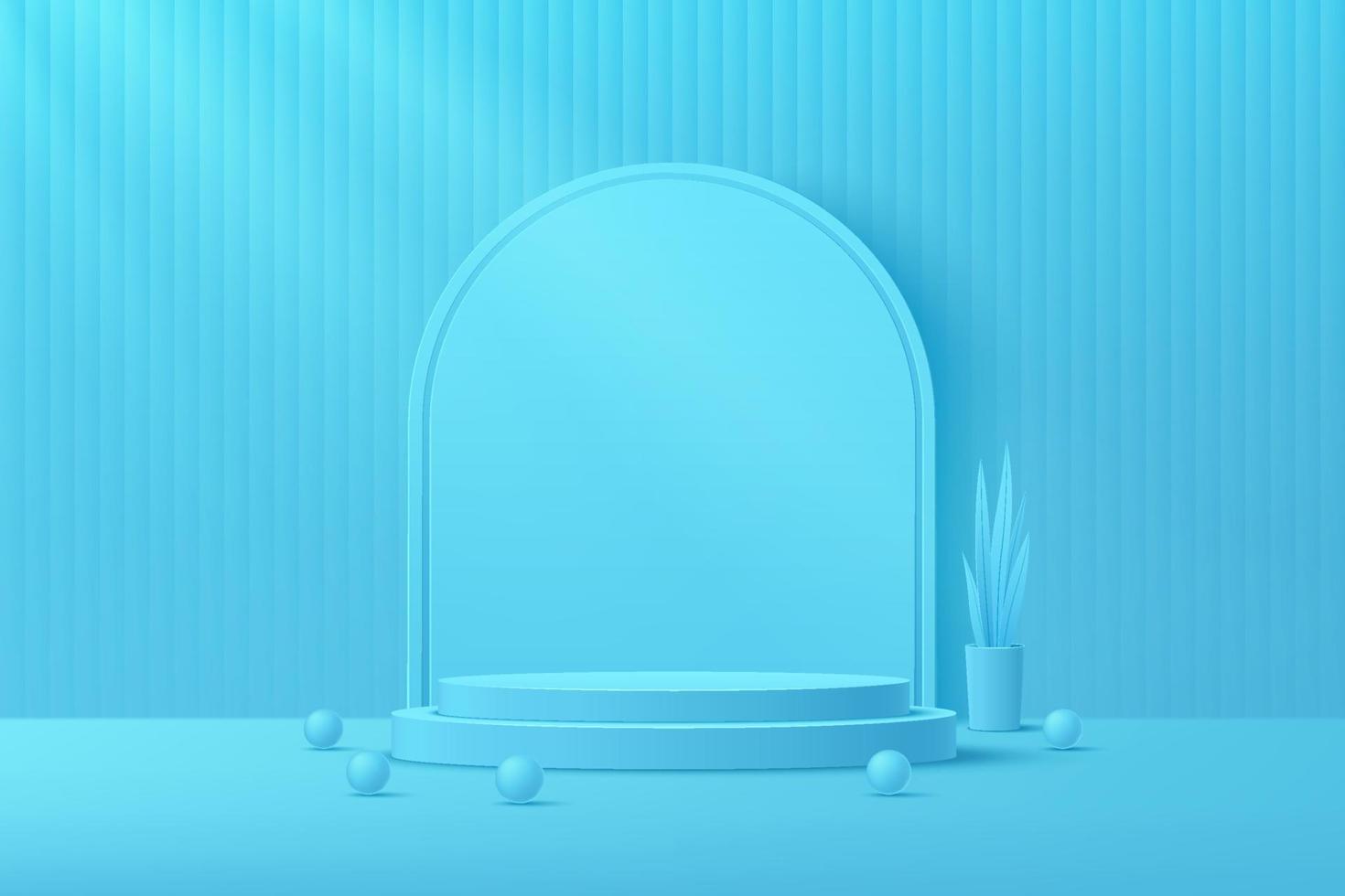 abstraktes blaues zylinderplattformpodium mit kugelball. Pflanzentopf und dekorieren lassen. blaue minimale wandszene mit geometrischer formkulisse. Vektor-Rendering 3D-Form für die Präsentation von Produktdisplays vektor