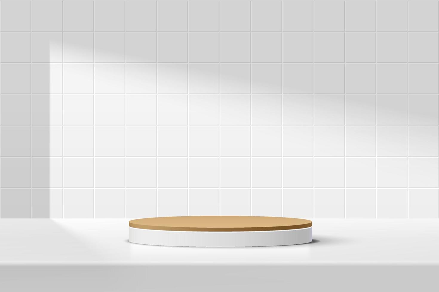 abstrakt 3d vit, brun cylinder piedestal podium på bordet med vit kvadratisk kakel textur vägg scen. vektor rendering minimal geometrisk plattform design i skuggan för produkt display presentation.