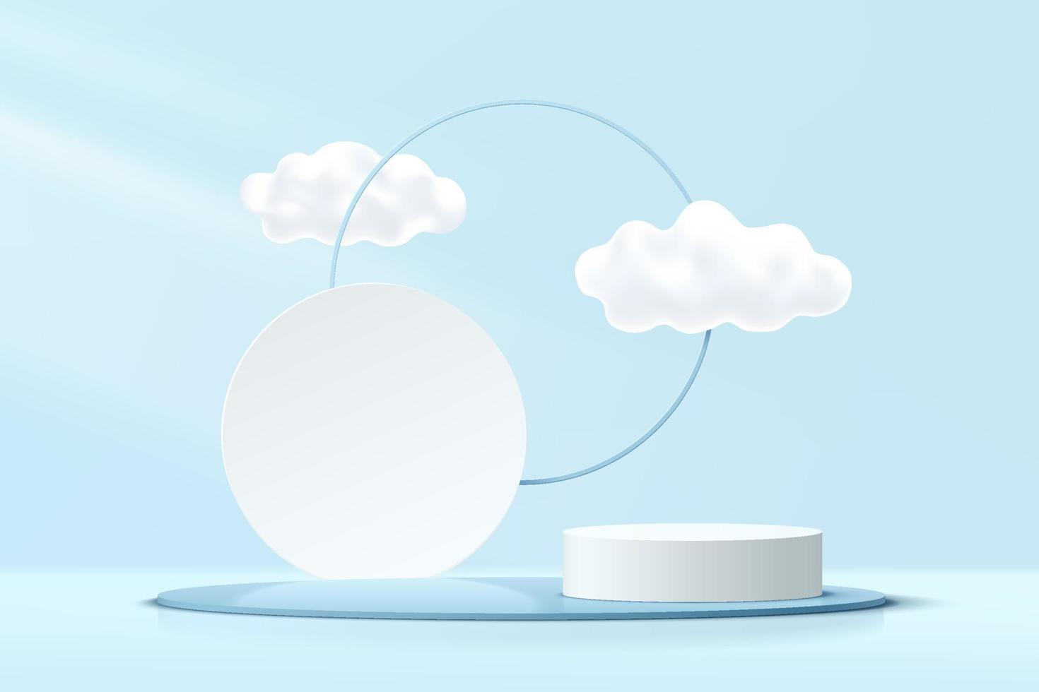 abstrakt 3d blå, vit cylinder piedestal podium med moln himmel och geometrisk cirkel bakgrund. pastellblå minimal väggscen. vektor rendering geometrisk plattform för produktvisning presentation.