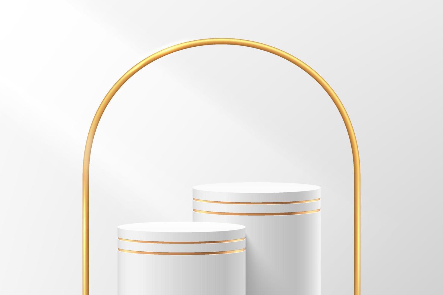 abstrakt 3d vit och guld cylinder piedestal eller stå podium med gyllene valv bakgrund. lyxig vit minimal väggscen för produktpresentation. vektor geometrisk rendering plattform design.