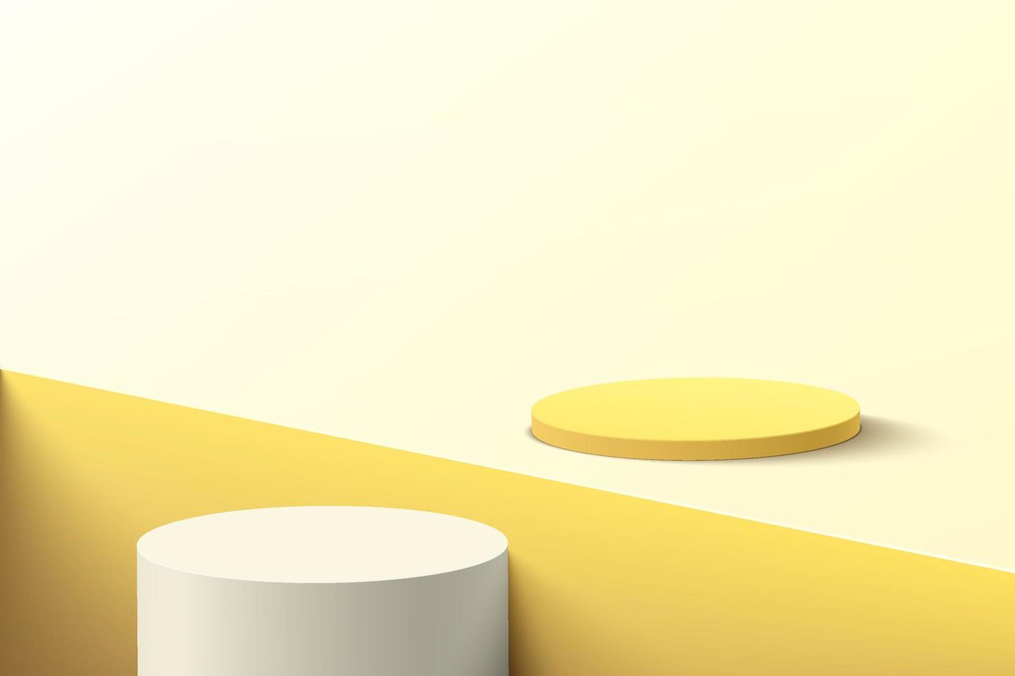 abstrakt 3d vit och gul cylinder piedestal podium på ljusgult golv och fyrkantigt spår. pastellgul minimal scen för produktvisning. vektor geometrisk rendering plattform design.