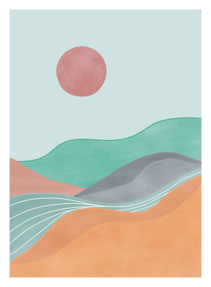 Moderner minimalistischer Kunstdruck der Mitte des Jahrhunderts. abstrakte zeitgenössische ästhetische hintergründe landschaften mit berg, sonne, mond, meer, wald. Vektorillustrationen vektor