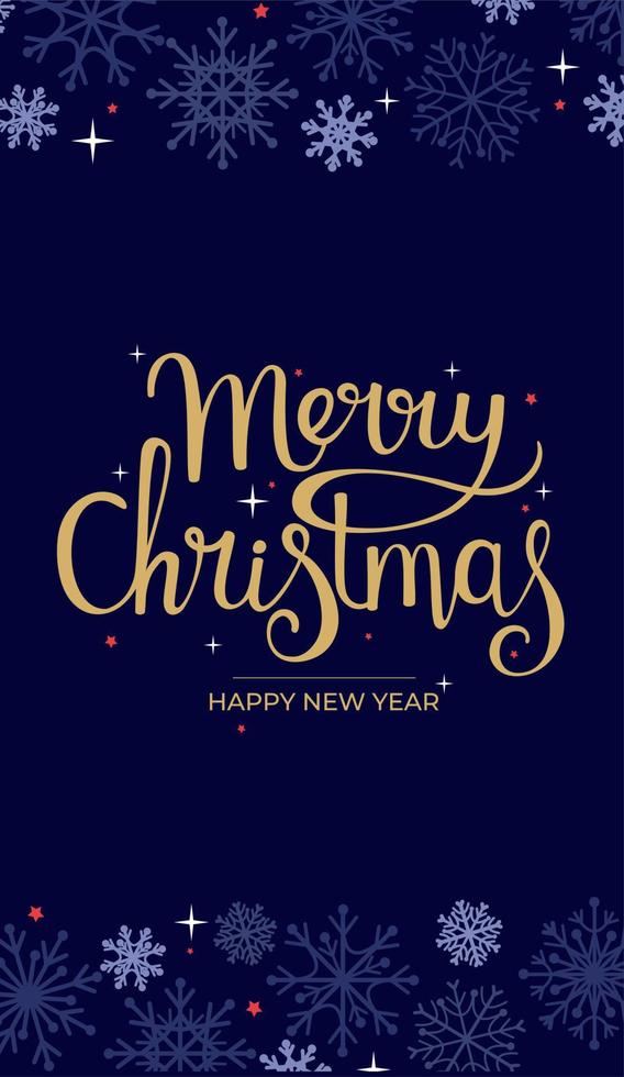 jul och nyår. moderna universella konstmallar. jul företagets gratulationskort och inbjudningar. gyllene bokstäver på en mörkblå bakgrund med snöflingor. vektor