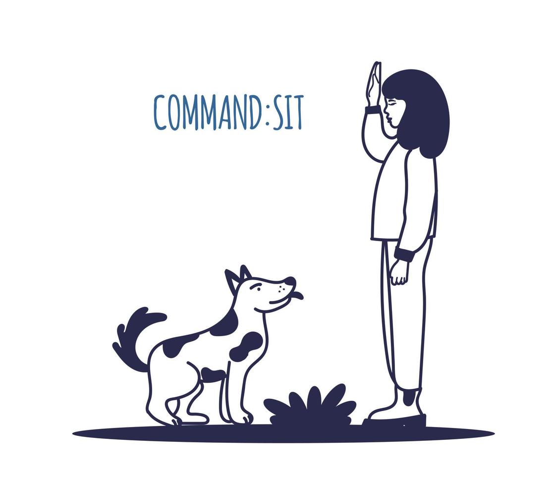 människor som tränar sin hunduppsättning. husdjuret utför sittkommandot. utbildningsprocessen. en enkel ikon, symbol, tecken. redigerbar vektorillustration vektor