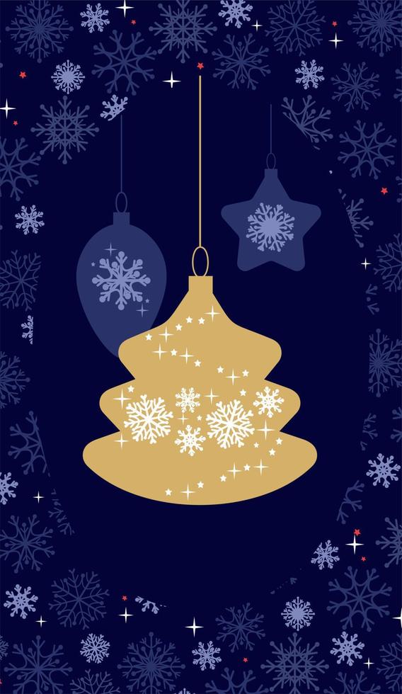 jul och nyår. moderna universella konstmallar. jul företagets gratulationskort och inbjudningar. gyllene bokstäver på en mörkblå bakgrund med snöflingor och julgransleksaker. vektor
