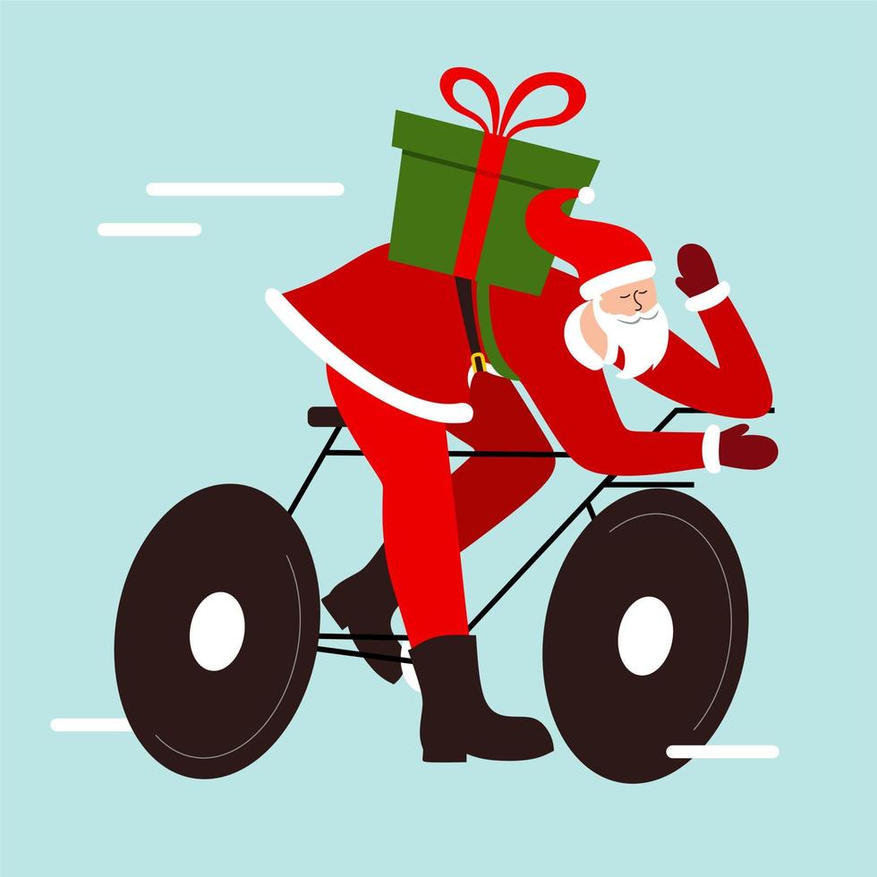 weihnachtsmann auf einem fahrrad mit einem geschenkrucksack. das konzept der lieferung von geschenken für weihnachten und neujahr. vektor