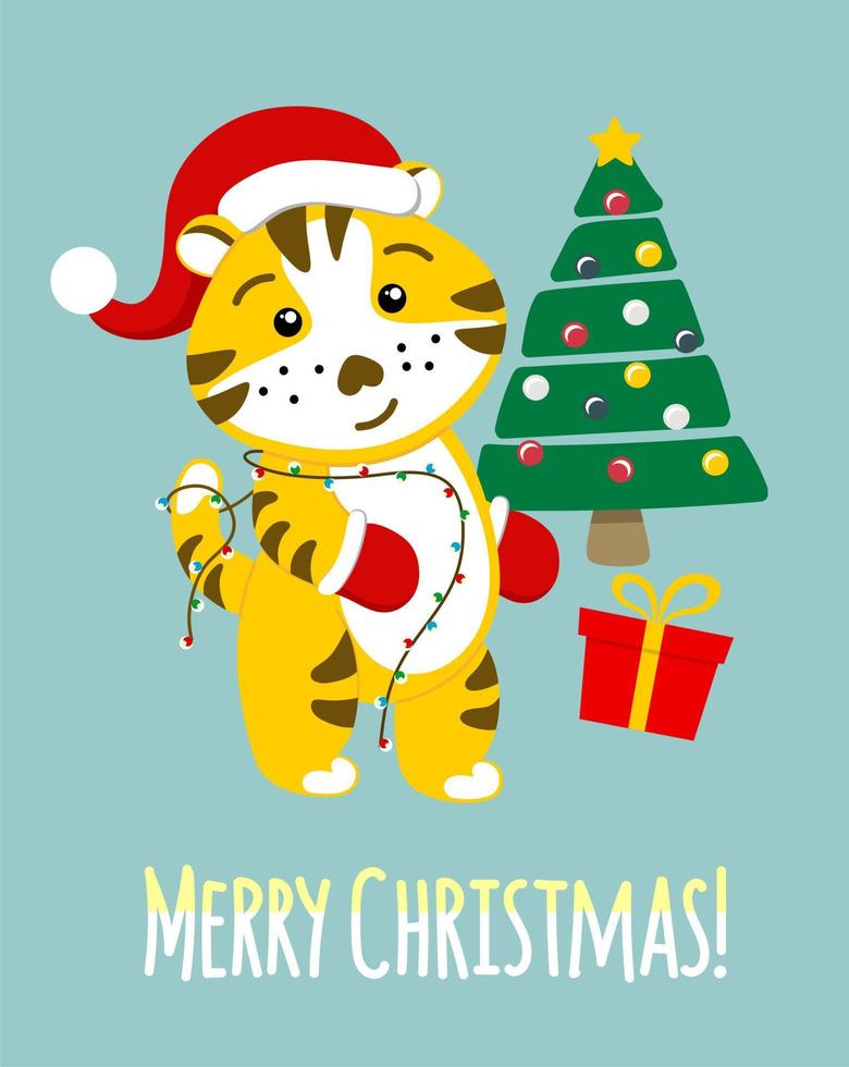 ein chinesischer tiger, eine lustige figur in einer weihnachtsmannmütze neben dem weihnachtsbaum. Weihnachtskarte. das symbol von 2022. vektorillustration. vektor