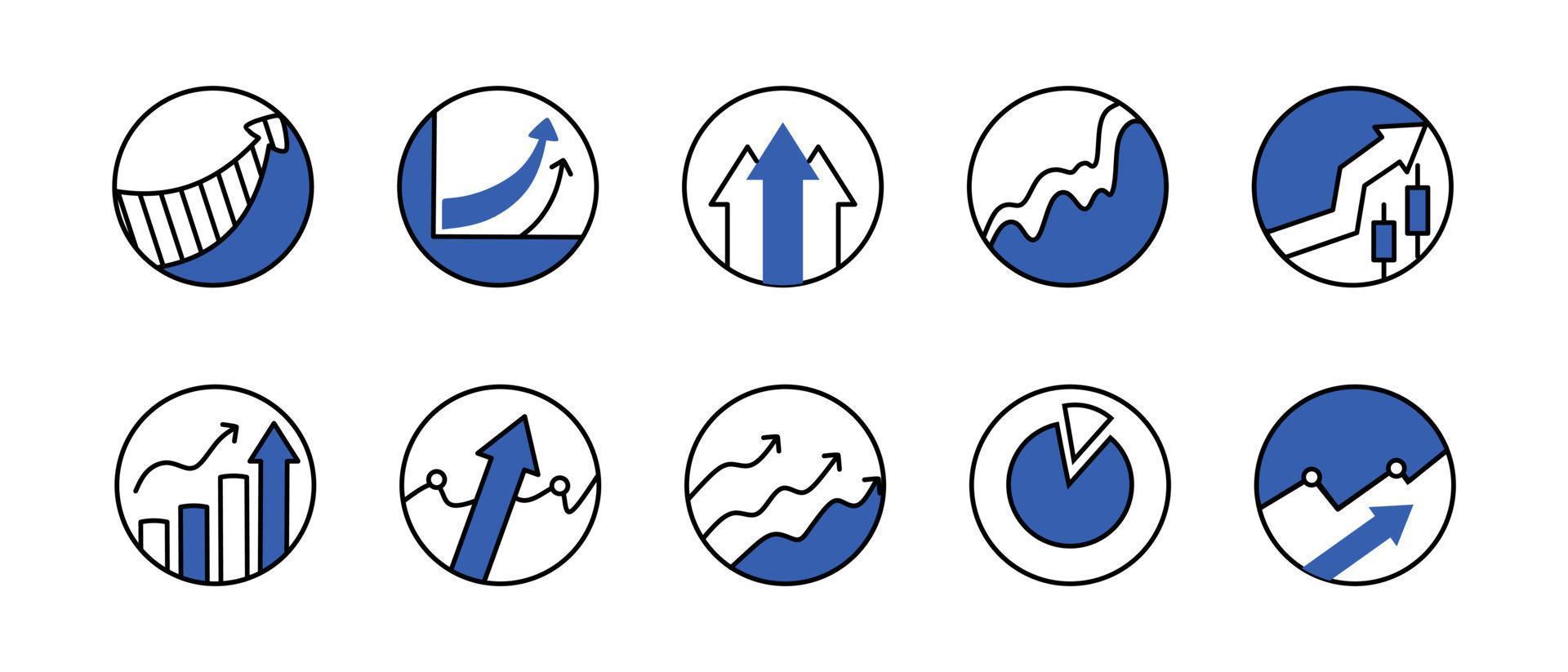 eine Reihe von Symbolen für Grafiken und Diagramme in einem Vektor. Analyse- und Finanzsymbole sind blau. Vektor-Illustration vektor