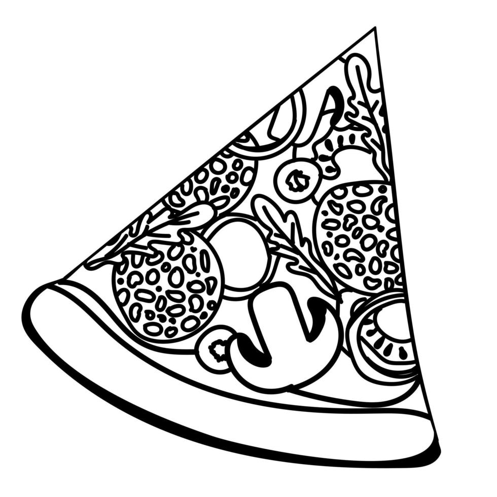 pizza skiva svart och vit ritning för hand i stil med doodle. för användning på textilier, förpackningspapper, souvenirer, tryck, affischer, vykort. vektor