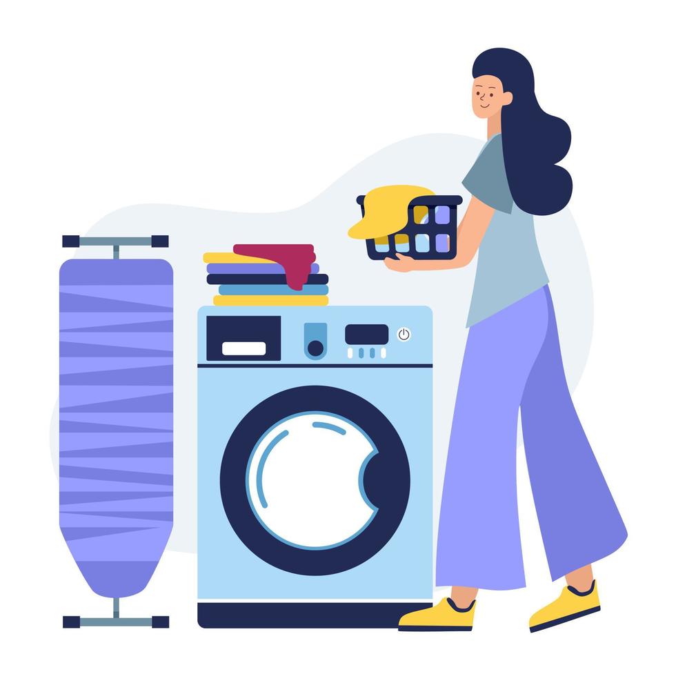 glad kvinna tvättstuga. tvätta i tvättmaskinen. vektor illustration.