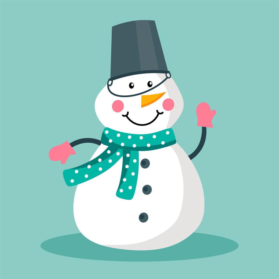 snögubben är rolig, i vantar och halsduk med en hink på huvudet. vektor illustration i platt stil. begreppet jul och nyår.
