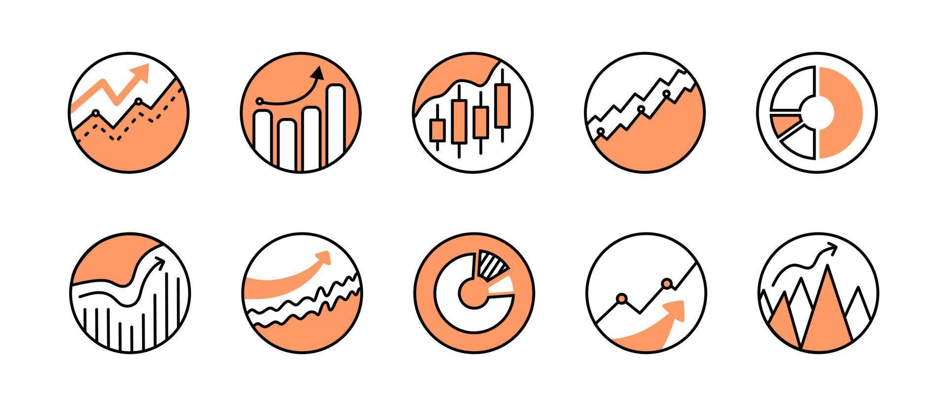 eine Reihe von Symbolen für Grafiken und Diagramme in einem Vektor. Analyse- und Finanzsymbole sind orange. Vektor-Illustration vektor