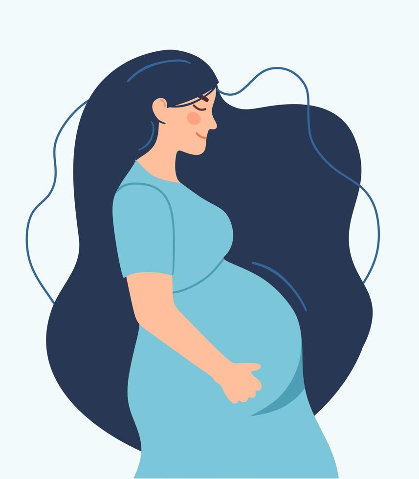 graviditet. en modern affisch med en söt gravid kvinna med långt hår och en plats för text. vektor