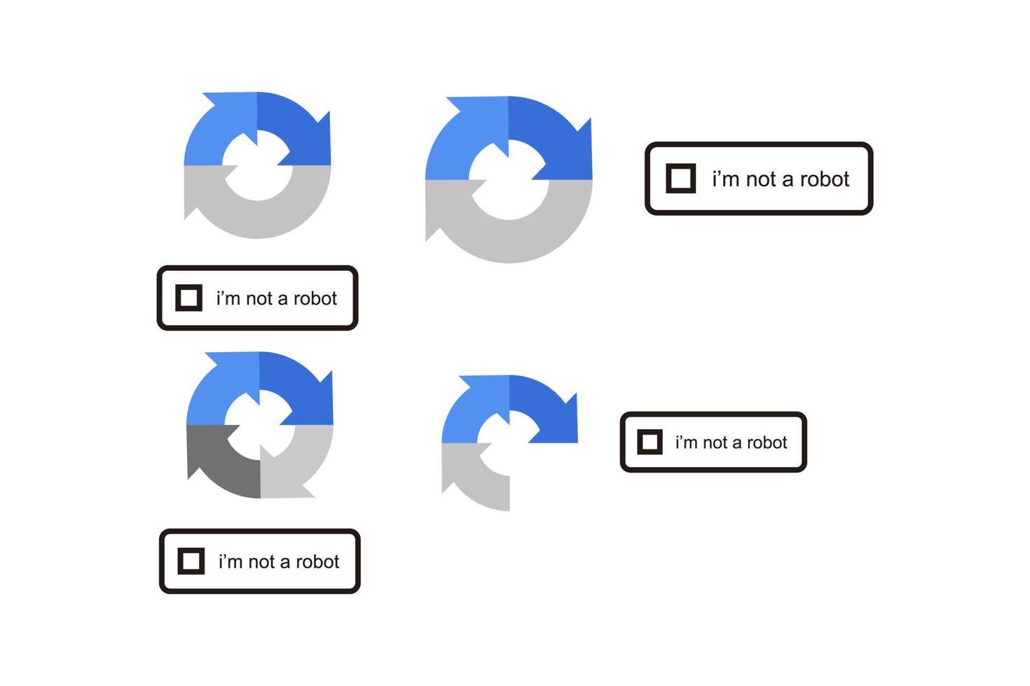 Recaptcha, ich bin kein Roboter. bestätigt recaptcha. Ich bin kein Roboter-Button-Set. Website-Sicherheit. Internet Sicherheit. Vektor-Web-Schaltfläche. Aktienvektorillustration für Website oder Anwendung. Captcha-Vektor vektor