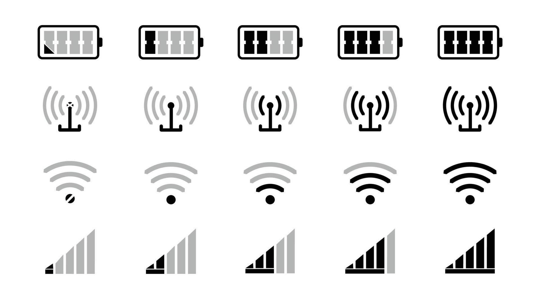 Wi-Fi-Signal-Icon-Set, mobile Signalpegel-Icon-Vektor-Illustration. Ladezustand des Smartphone-Akkus, Symbol für WLAN-Signalstärke und Netzwerkverbindungspegel vektor
