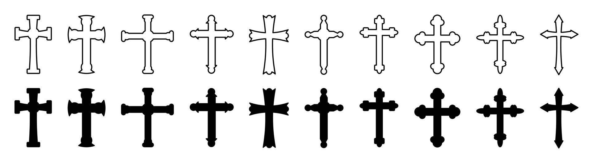 Ikonuppsättning christian cross vektor symbol platt och konturstil. kors som symbol för påsk, tro, död och uppståndelse