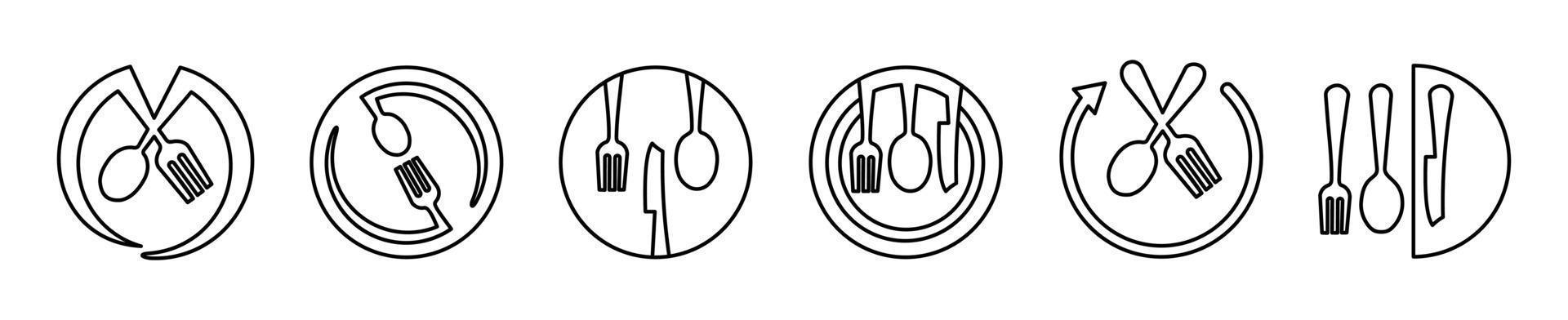 servis vektor illustration sked, gaffel, kniv och tallrik ikonuppsättning i linje stil, middagsservering samling