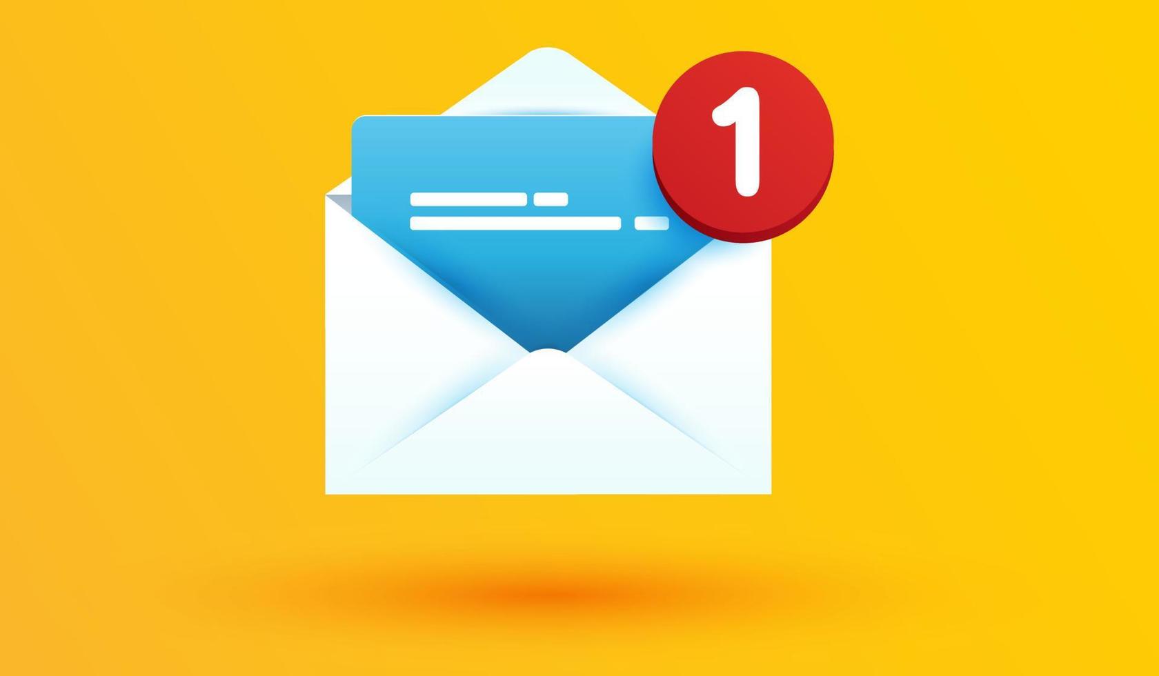 Öffnen Sie das Umschlagsymbol mit dem Alarmsymbol der Benachrichtigungsnummer, das auf gelbem Hintergrund isoliert ist. neue E-Mail-Erinnerung 3D-Vektorillustration vektor