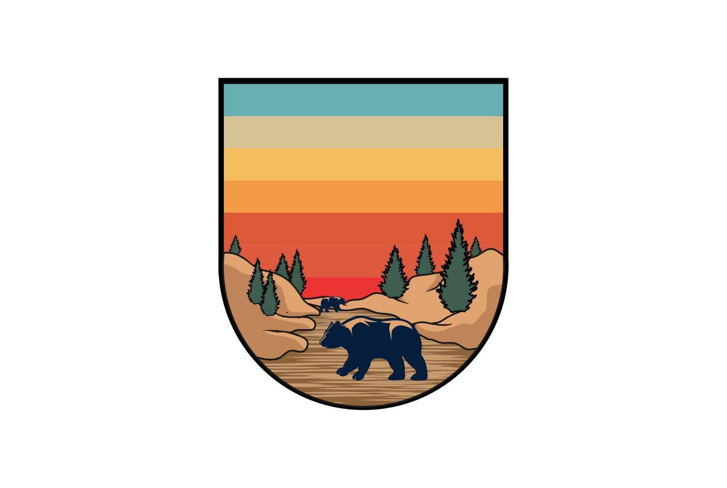 Sonnenuntergang, Eisbär mit Kiefer, Zeder, Fichte, Nadelbaum, Zypresse, Lärche, Tannen, Wald, Abzeichen, Emblem, Etikett für Outdoor-Abenteuer, Logo-Design, Vektor