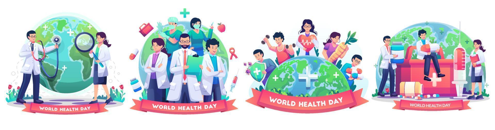 Satz des Konzepts des Weltgesundheitstags mit einer Gruppe von Ärzten und Krankenschwestern, Menschen, die gesunde Aktivitäten leben, Personen, die joggen, Radfahren, Yoga. Vektor-Illustration vektor