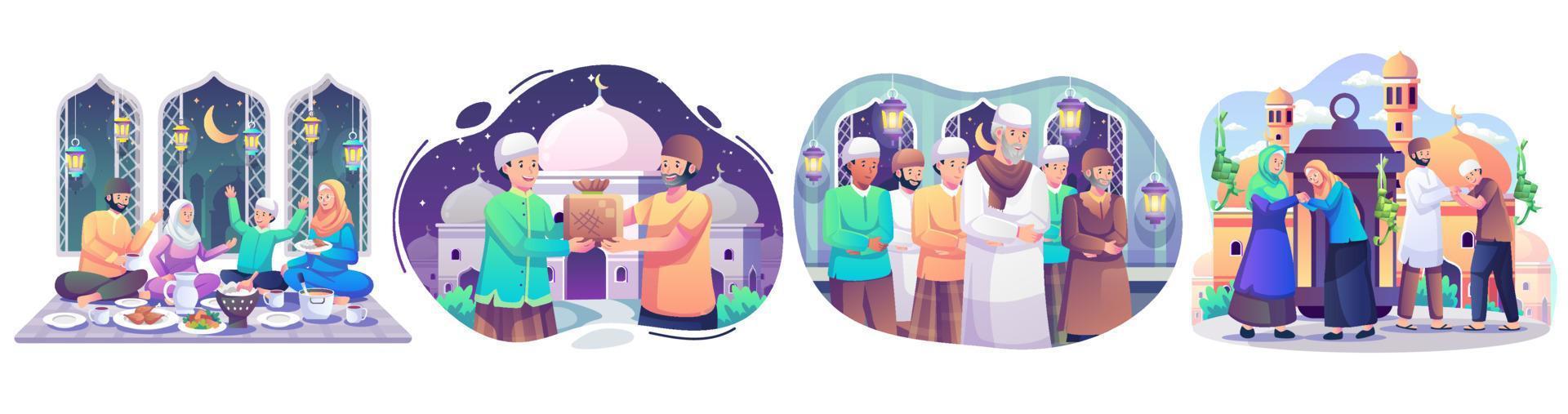 uppsättning ramadan koncept illustration. glada muslimska människor firar heliga månaden ramadan, iftar-fest, läser koranen, taraweeh, eid mubarak-hälsning. vektor illustration