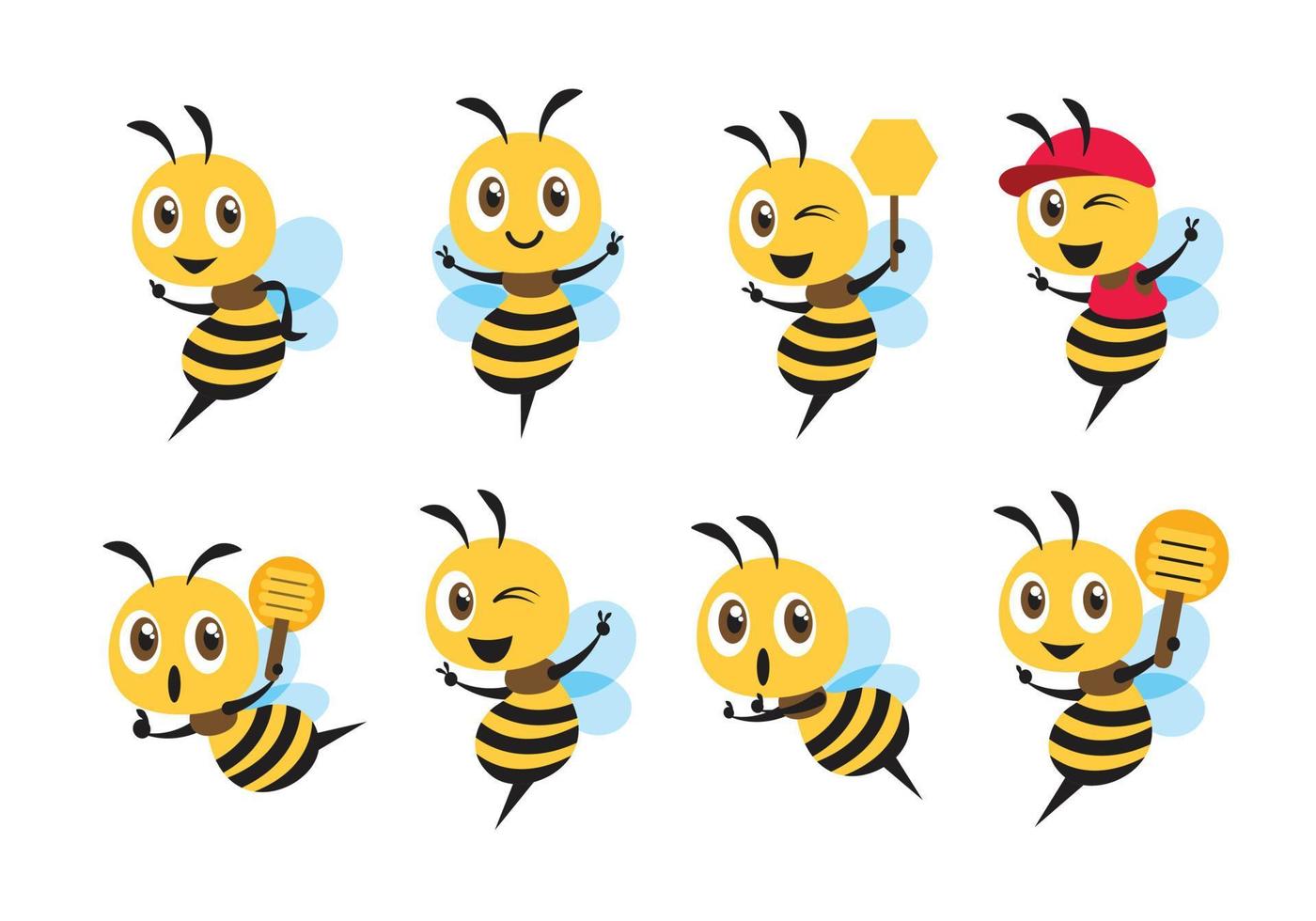 platt design tecknad söt bee maskot set med olika poser. tecknade söta biet visar segertecknet, håller en honungsbock och bär mössa. platt vektorillustration vektor