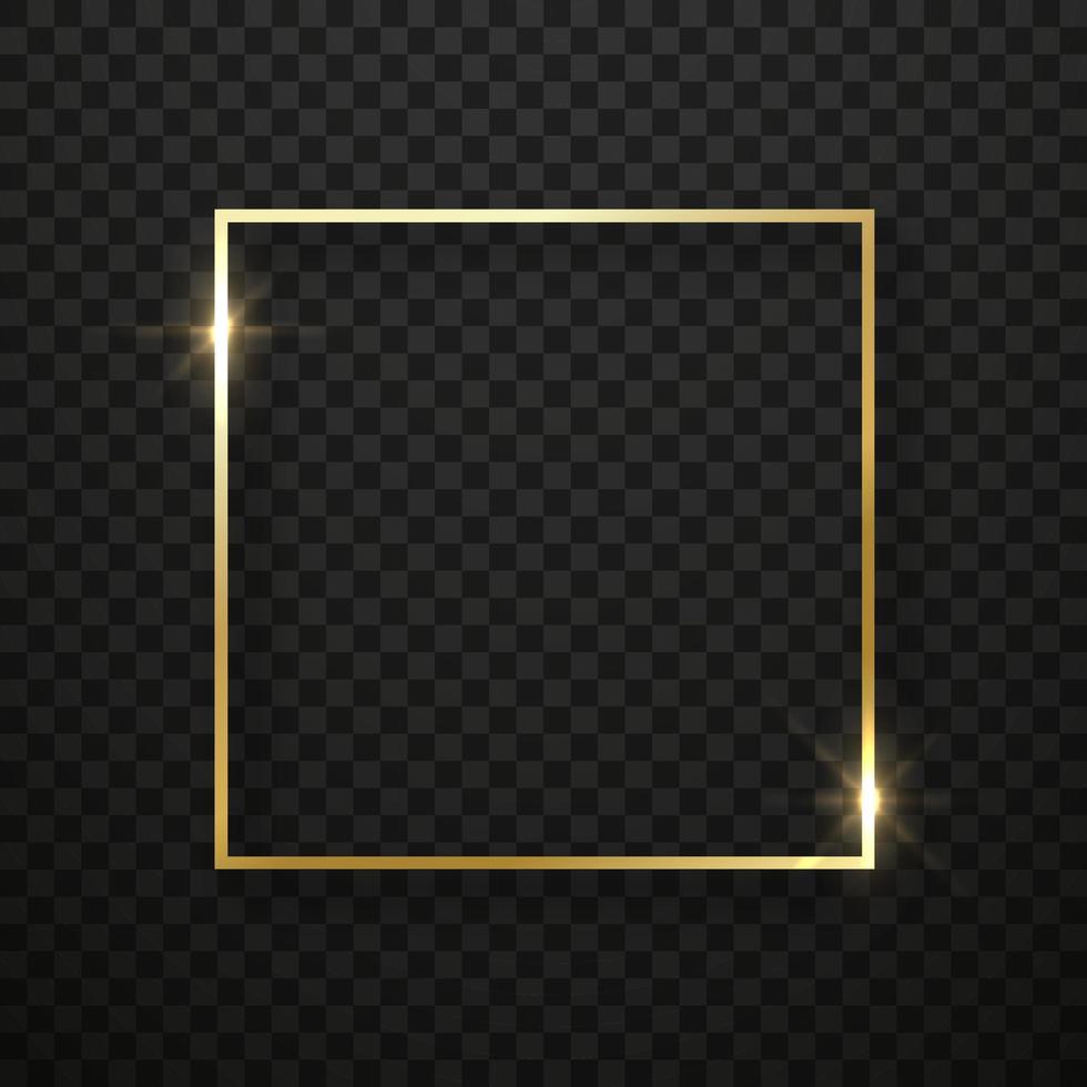 realistisk gyllene fyrkantig ram med gnistrande effekt. guld glänsande fyrkantig kant på svart transparent bakgrund. lätt juldekoration. mockup av glödande ram. isolerade vektor illustration.