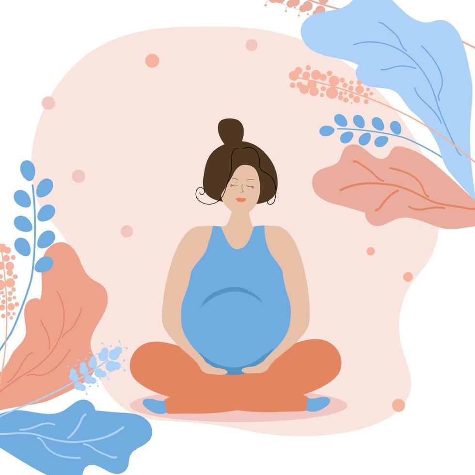 lycklig gravid kvinna i blommor. graviditet och moderskap. bära en bebis. platt illustration. vektor