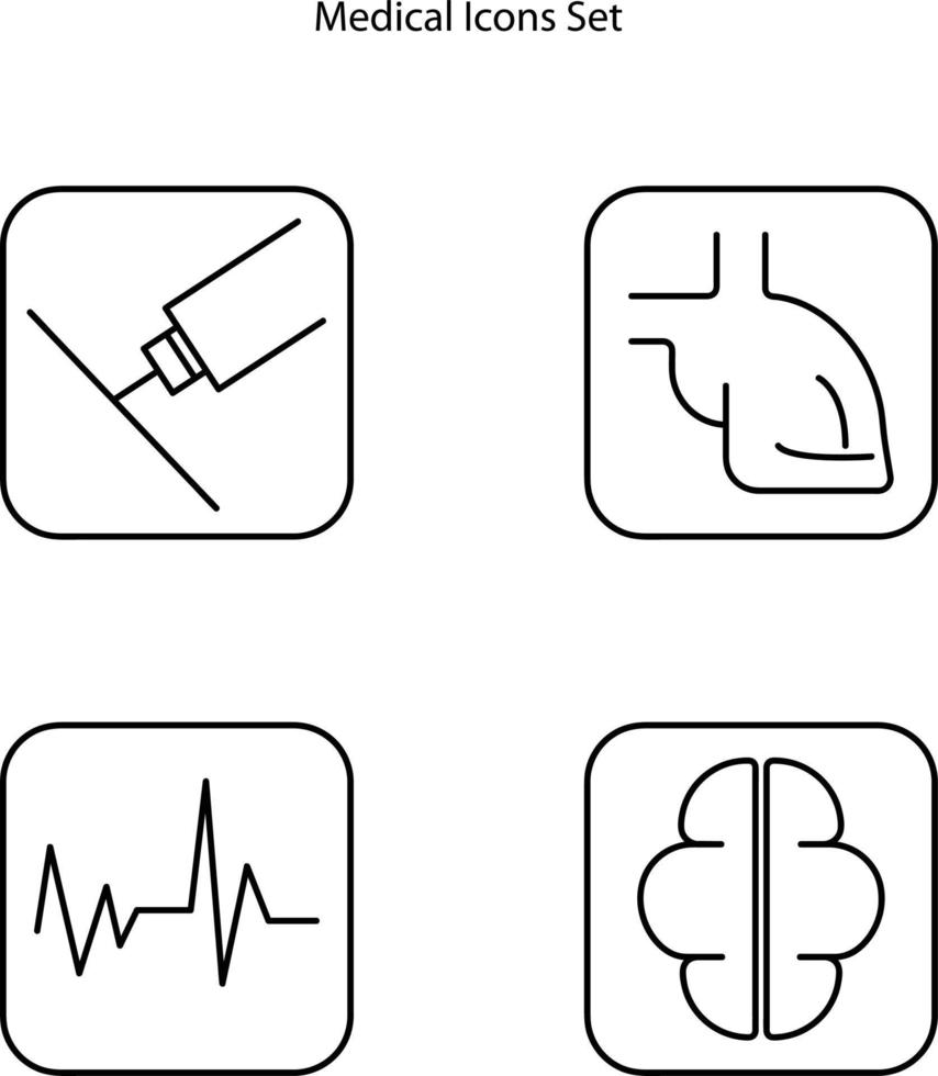 medizinische Ikonen stellten den Umriss ein, der auf weißem Hintergrund lokalisiert wurde. Zeichen für medizinische Symbole. Vektor für medizinische Symbole.