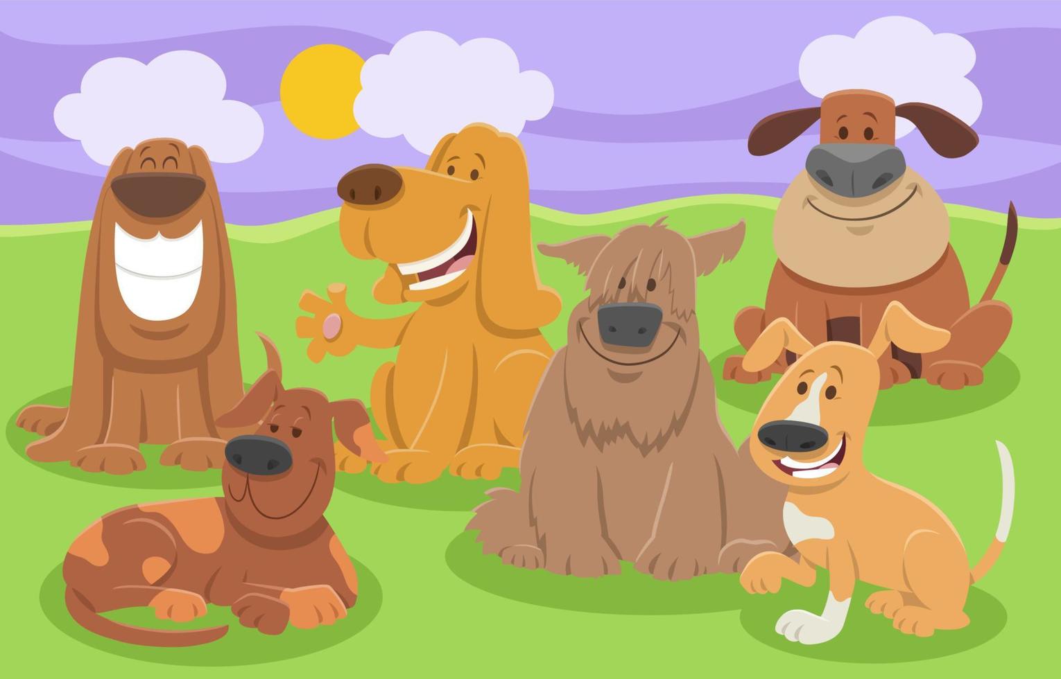 glada tecknade hundar djur karaktärer grupp vektor