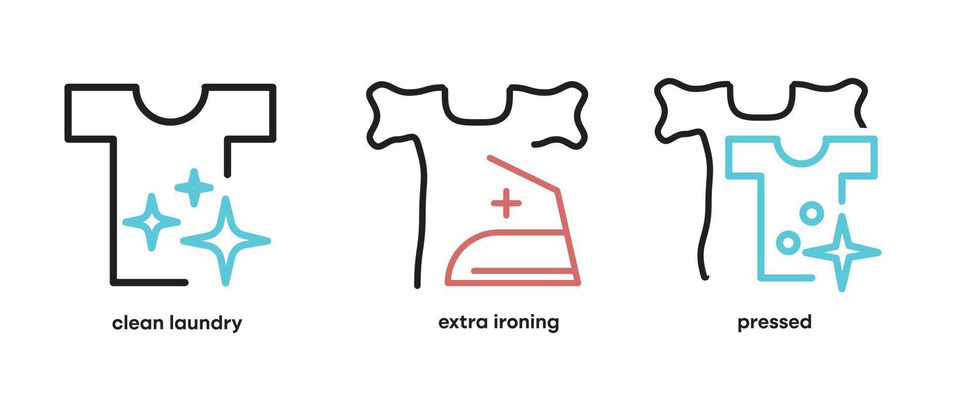 uppsättning tvätt och tvätt ikoner. sådana ikoner inkluderar ämnen som extra sköljmedel, torkning och strykning. färgglada tvätta ikonuppsättning. redigerbar linje. logotyp, webb och app och liknande ikondesign. vektor