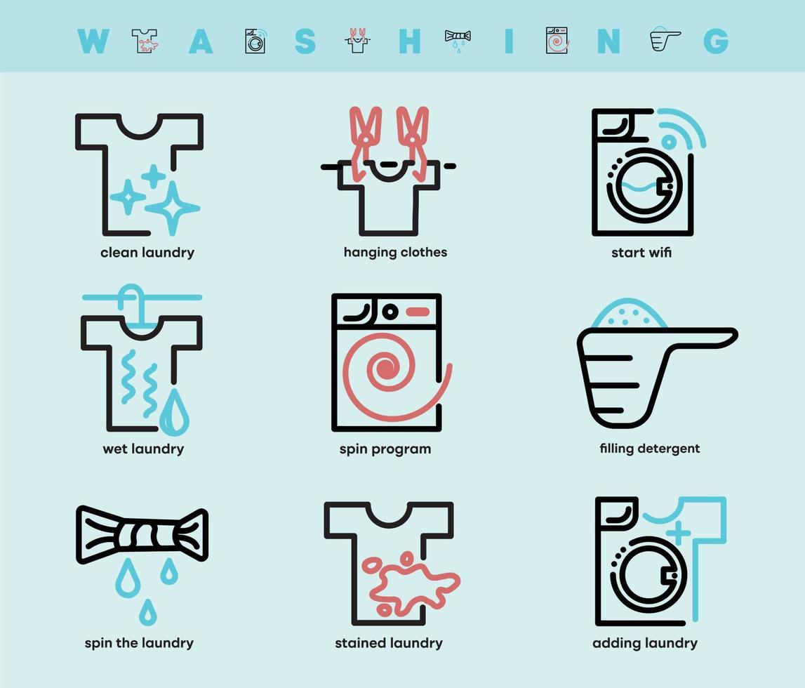 uppsättning tvätt och tvätt ikoner. sådana ikoner inkluderar tvättmedelsbehållare, hängande kläder, snurrande kläder, wifi-funktion och så vidare. färgglada tvätta ikonuppsättning. redigerbar linje. logotyp, webb och app. vektor