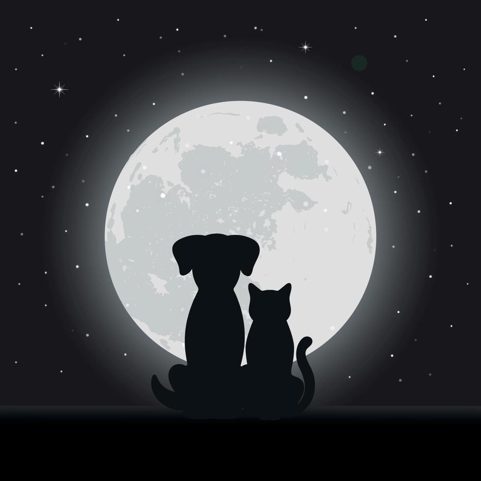 katze mit einem hund auf einem hintergrund des nachthimmels mit sternen und dem mond vektor
