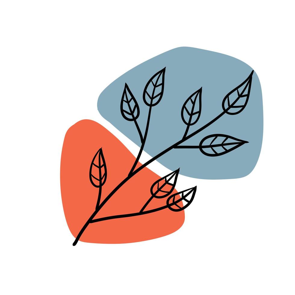 Pflanze auf dem Hintergrund farbiger Flecken. schwarzer botanischer Zweig und blaues und rotes geometrisches abstraktes Muster im minimalistischen Stil. Linie Doodle-Objekt vektor