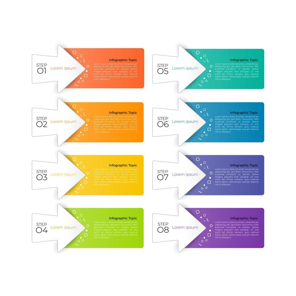 Modernes Infografik-Business-Design mit 8 Optionskonzepten, Teilen, Schritten, Pfeilen oder Prozessen kann für Workflow-Layout, Diagramm, Zahlenoptionen, Webdesign verwendet werden. Infografik-Element. vektor