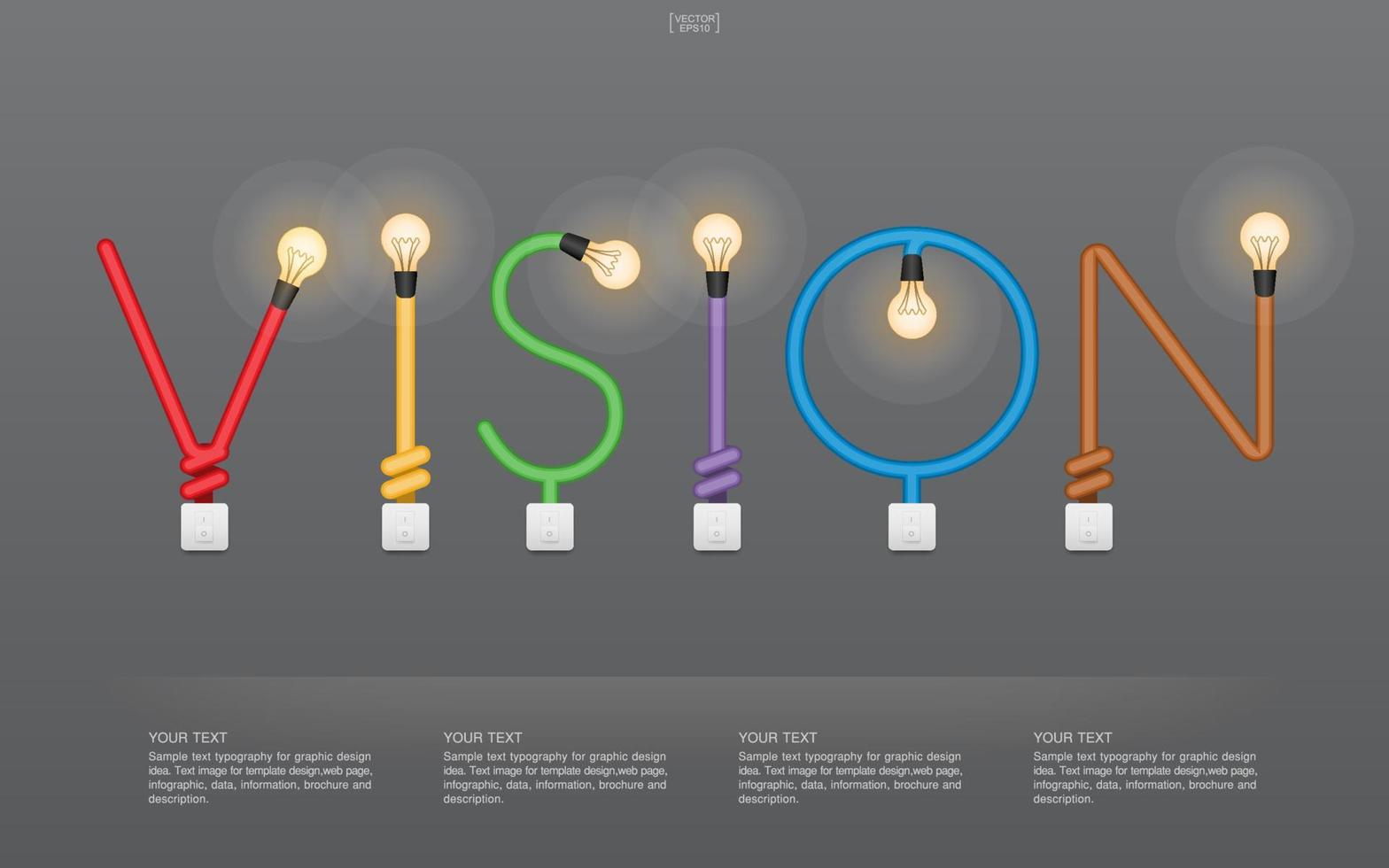 Vision - abstraktes lineares Alphabet aus Glühbirne und Lichtschalter auf grauem Hintergrund. Lampe und Schalter mit Bereich für Infografik und Text. Vektor. vektor