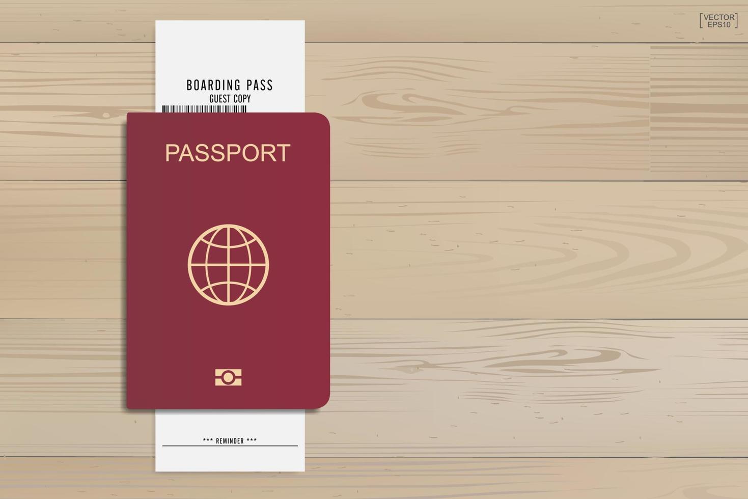 pass och boardingkortbiljett på träbakgrund. vektor. vektor
